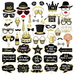 55 Pcs Black Gold Photo Booth Props Frame Glitter Birthday Party Decorations