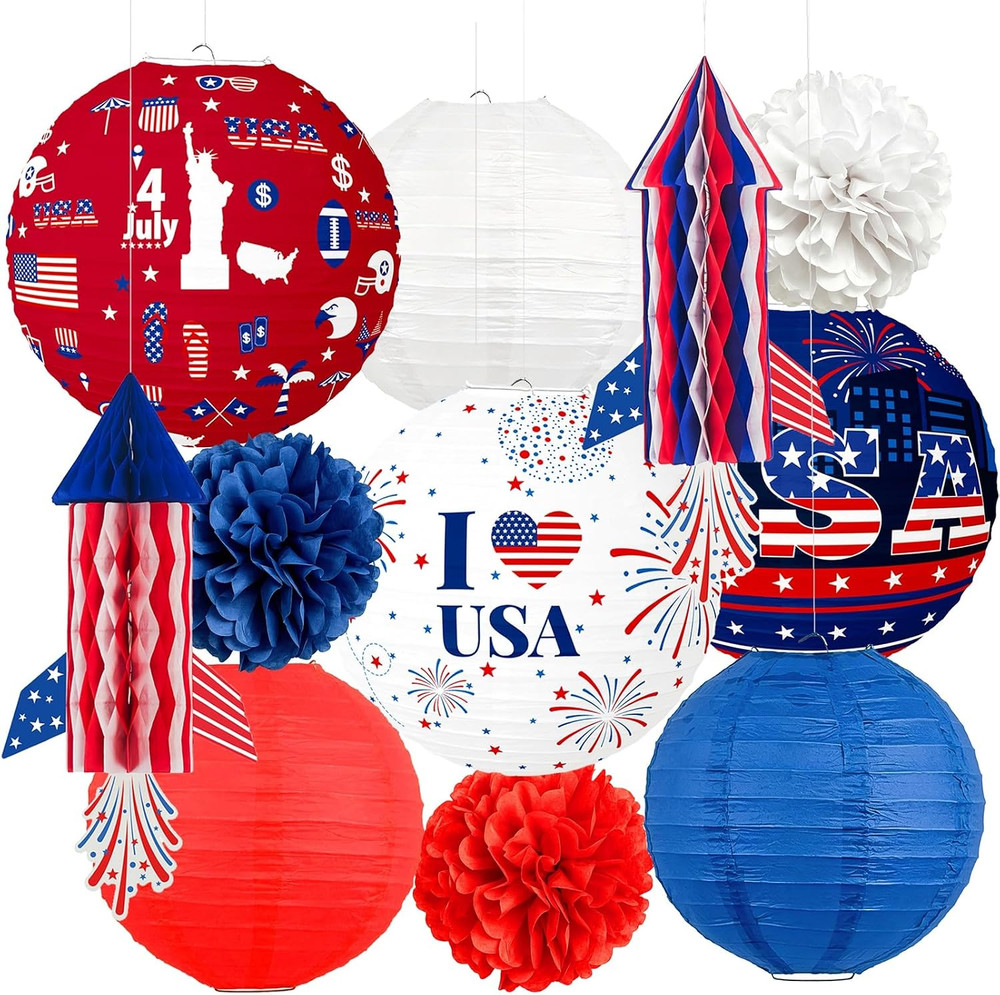 4Th of July Decorations Red White Blue Paper Lanterns Flower Tissue Pom Poms Fan
