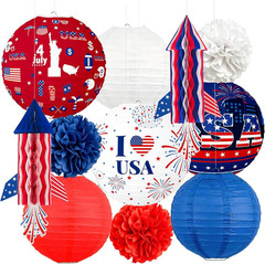 4Th of July Decorations Red White Blue Paper Lanterns Flower Tissue Pom Poms Fan