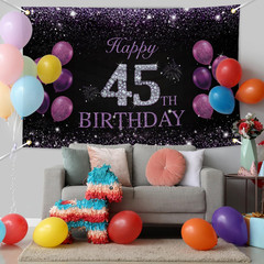 Happy 45Th Birthday Banner, Purple Party Decorations for Women, 45 Year