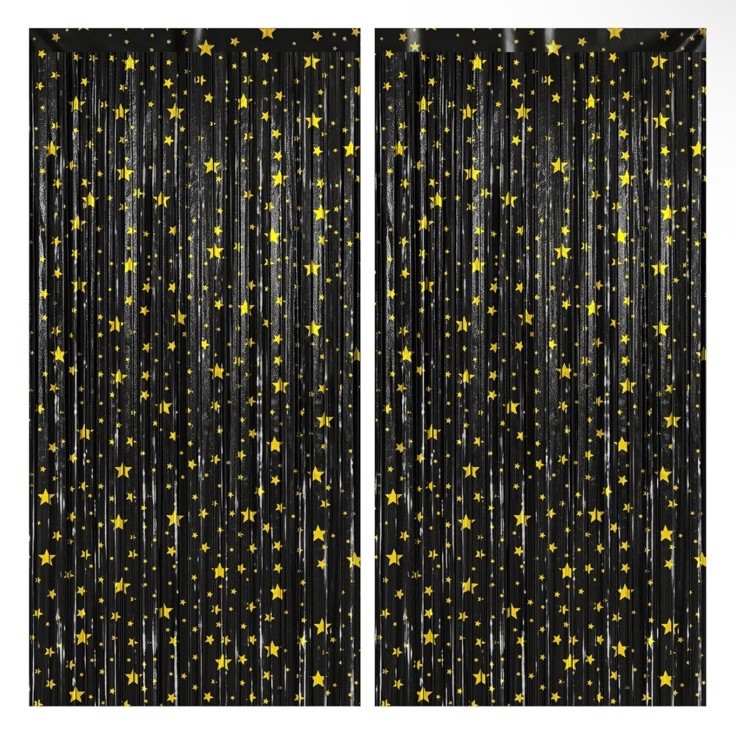 Katchon Star Print Foil Fringe Party Backdrop Pack of 2 Black Gold 3.2×6.5ft