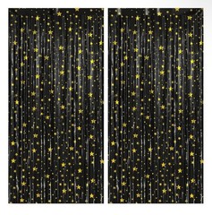 Katchon Star Print Foil Fringe Party Backdrop Pack of 2 Black Gold 3.2×6.5ft
