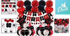 Vibrant Black & Red Birthday Decorations: Balloons, Pompoms & Garland Included