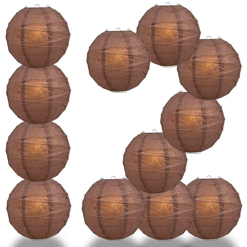 BULK PACK (12) 16″ Brown Round Paper Lantern, Crisscross Ribbing, Chinese Hangin
