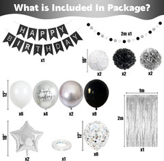 Black and Silver Birthday Decorations for Men Boys, Black White Silver Party Dec