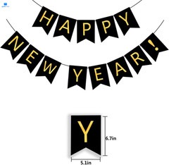 FECEDY Happy New Year Banner Black Bunting with Gold Alphabet for