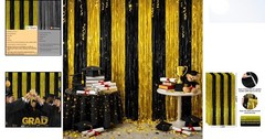 Stunning Black Gold Graduation Backdrop – 2 Foil Streamers for 2026 Parties