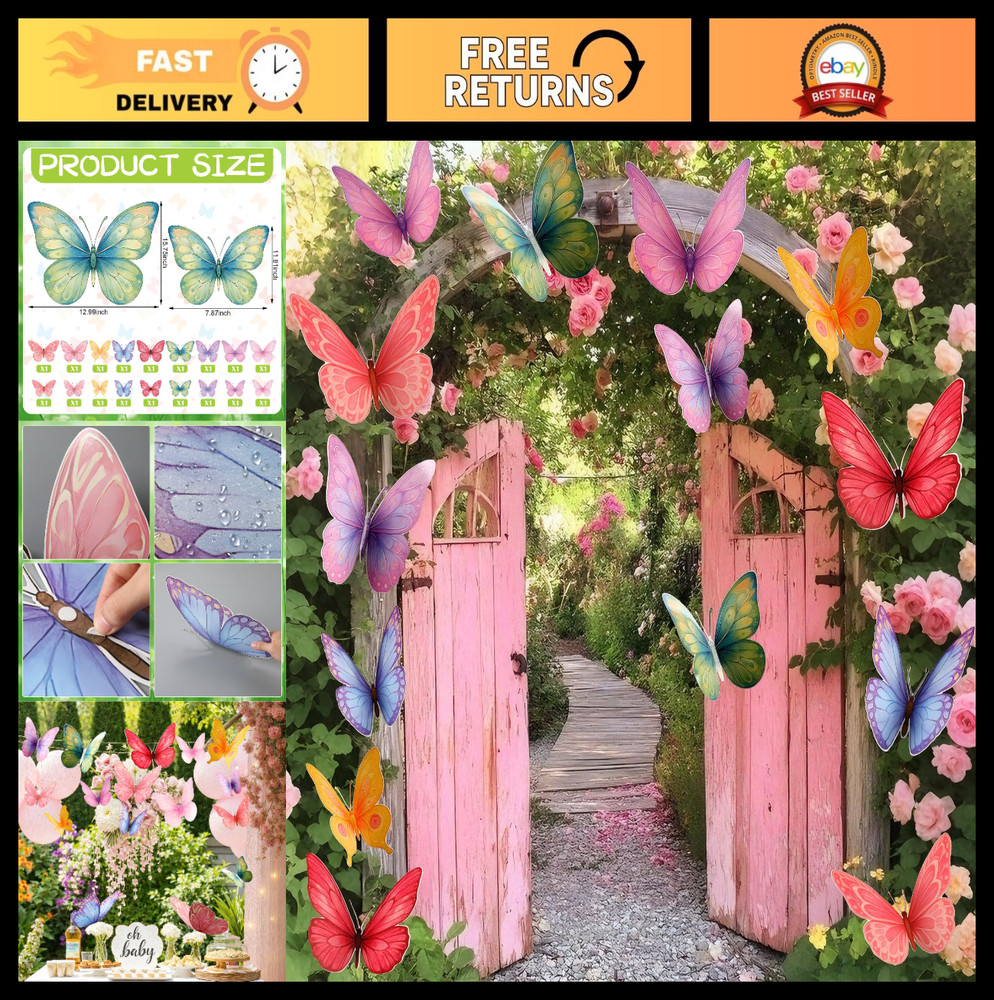 18 Pcs 3D Large Butterfly Wall Decor – Pastel Hanging Decorations for Parties, B