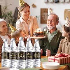 72 Pcs 65th Birthday Party Decorations – Black Gold Mini Bottle Labels & Sticker
