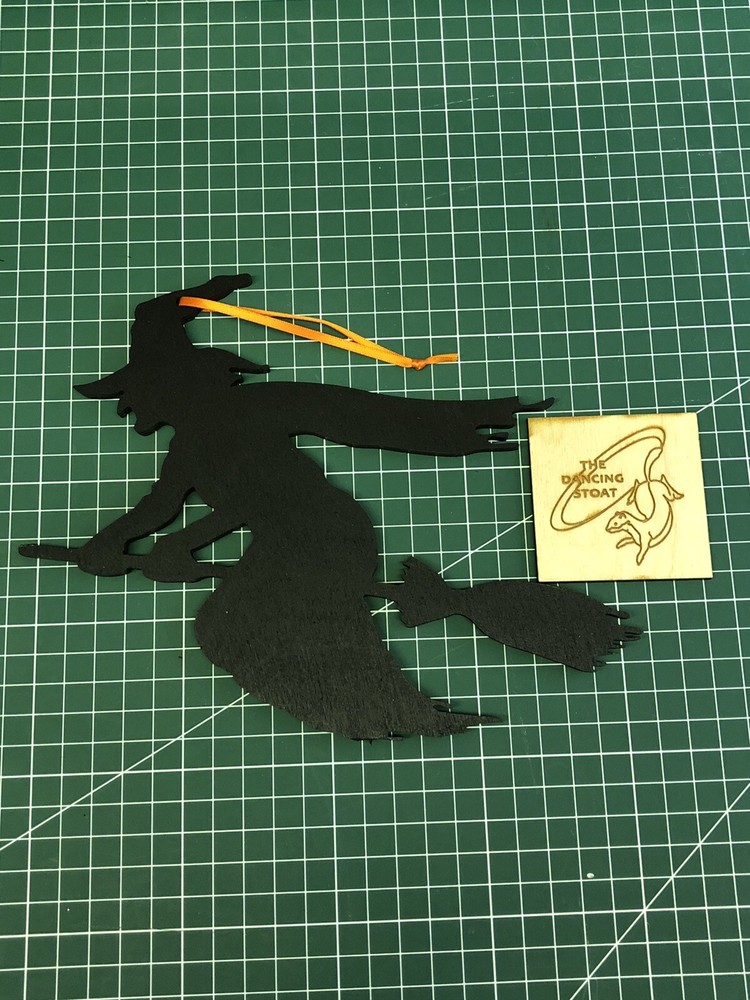 Large halloween Hanging Black Witch & Broom Laser Cut Painted Plywood & Ribbon.