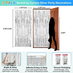 Foil Curtain Backdrop 2 Pack Silver Tinsel Party Decorations Streamers