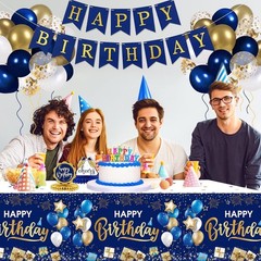 Happy Birthday Decorations, 1 Pcs Navy Blue and Gold Birthday Tablecloth for …