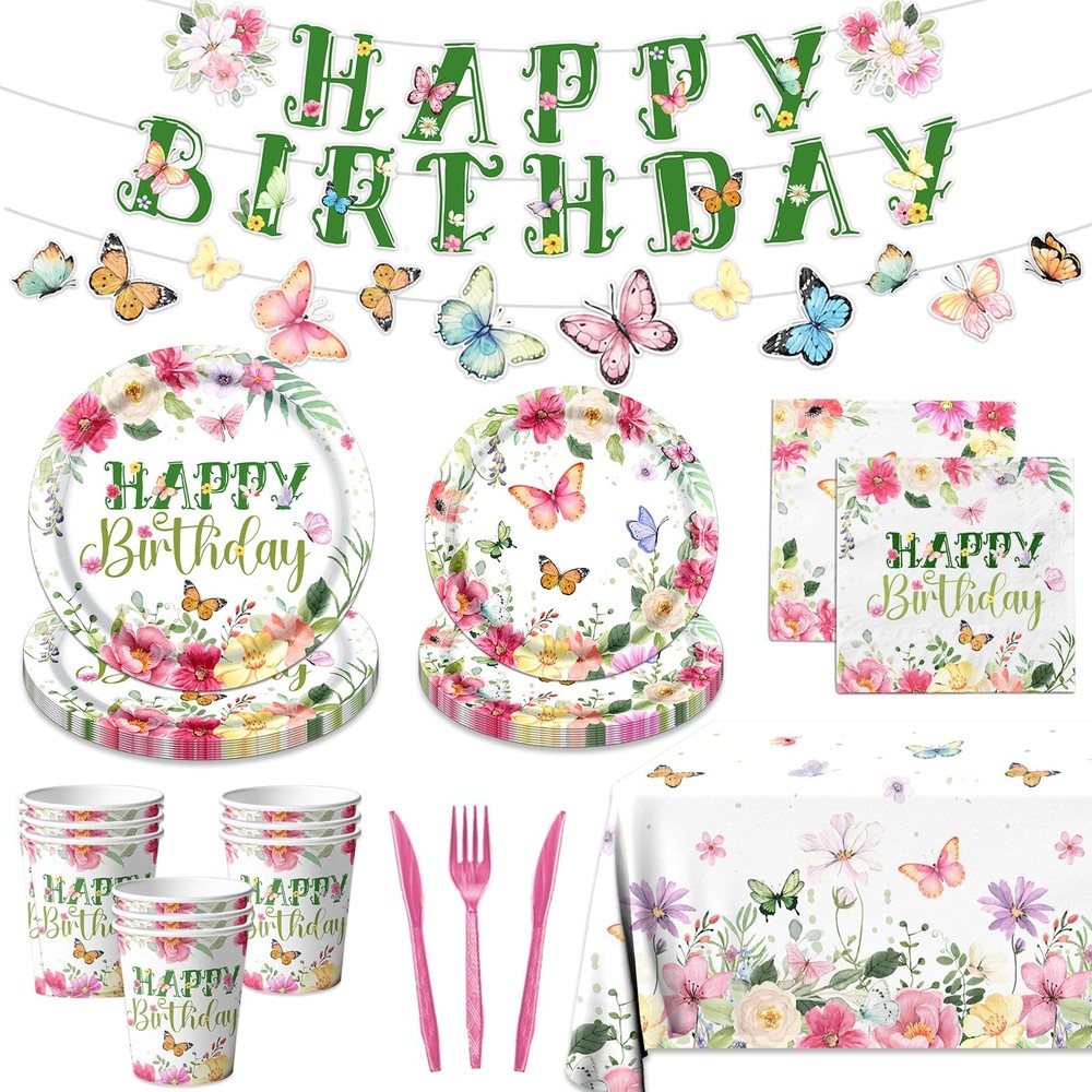 Flower Birthday Decorations, 170Pcs Butterfly Floral Pink, Green