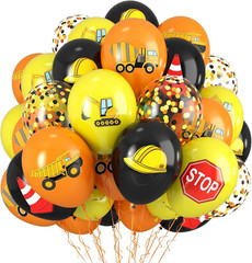 Construction Balloons, 12 Inch Black Yellow Orange Confetti Truck Construction P