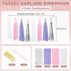 20Pcs White Light Purple Pink Silver Tassel Garland Tissue Paper Tassels for DIY