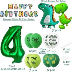 Complete Dinosaur Theme 4th Birthday Party Set: Banners & Balloons Galore
