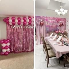 Metallic Foil Fringe Backdrop 2 Pack 3.2×8.3 Ft Pink Party Photo Booth Decor