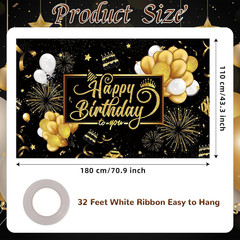 Happy Birthday Backdrop Banner, Black and Gold Birthdays Banner Backdrop, Hap…
