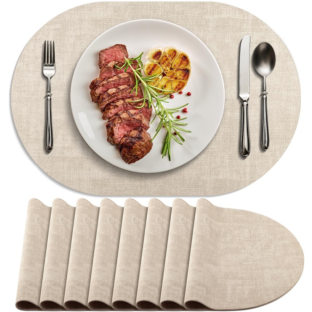 Placemats for Dining Table Set of 8 Non-Slip, Heat Resistant Oval Leather Pla…