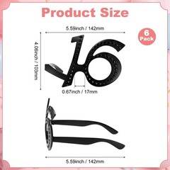 6-Pack Birthday Glasses with Rhinestones, 16th Photo Booth Props [Black]