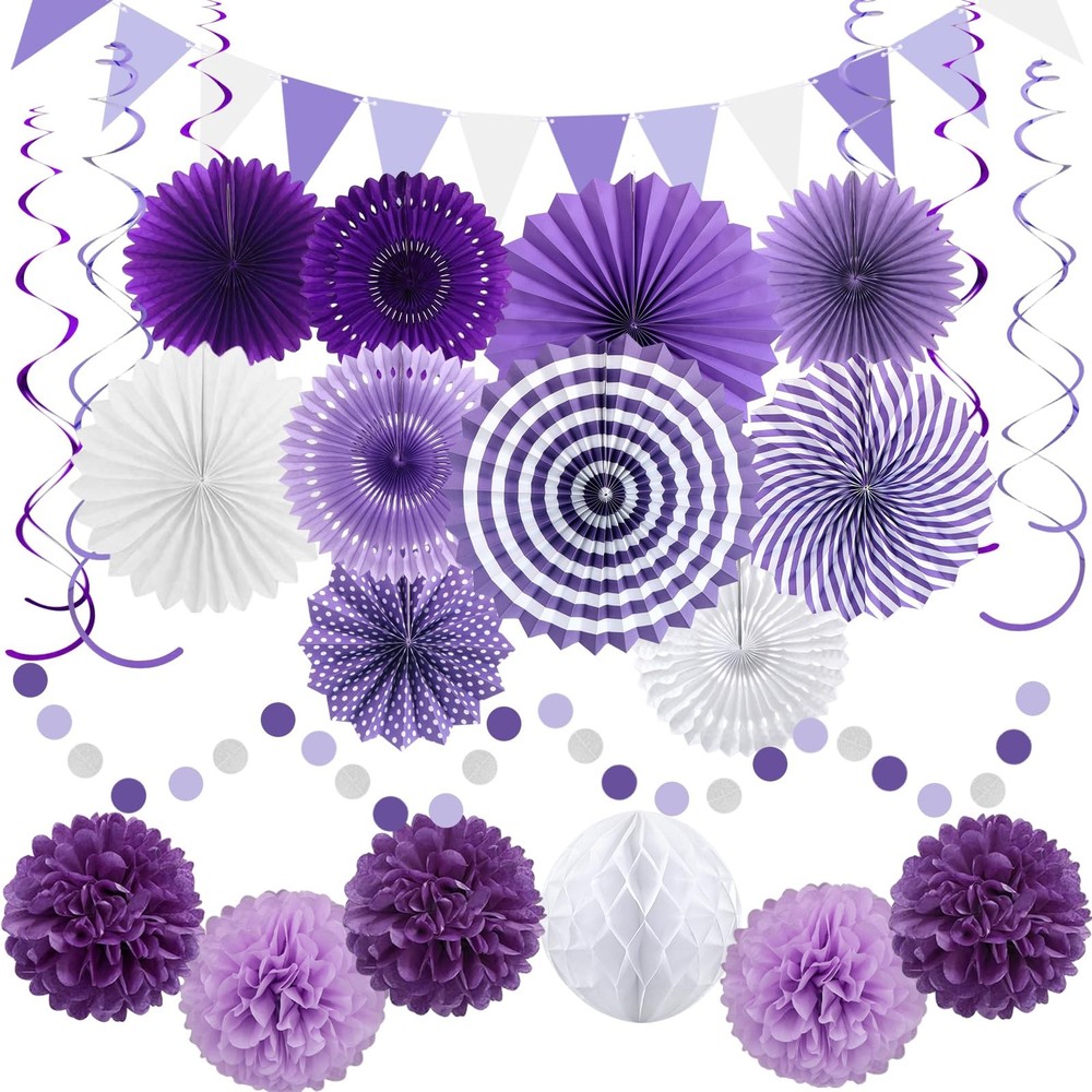 24 Pcs Purple Decorations Kit, Reusable Hanging Fans Triangle Banner Tissue P…