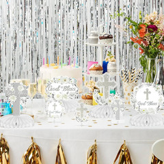 God Bless Honeycomb Centerpieces, 12Pcs Baptism Table Decorations | White Sliver
