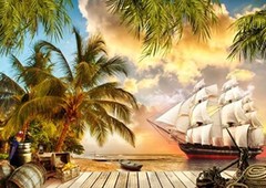 BELECO 7x5ft Fabric Beach Island Pirate Ship Backdrop Ocean 7x5FT A10031