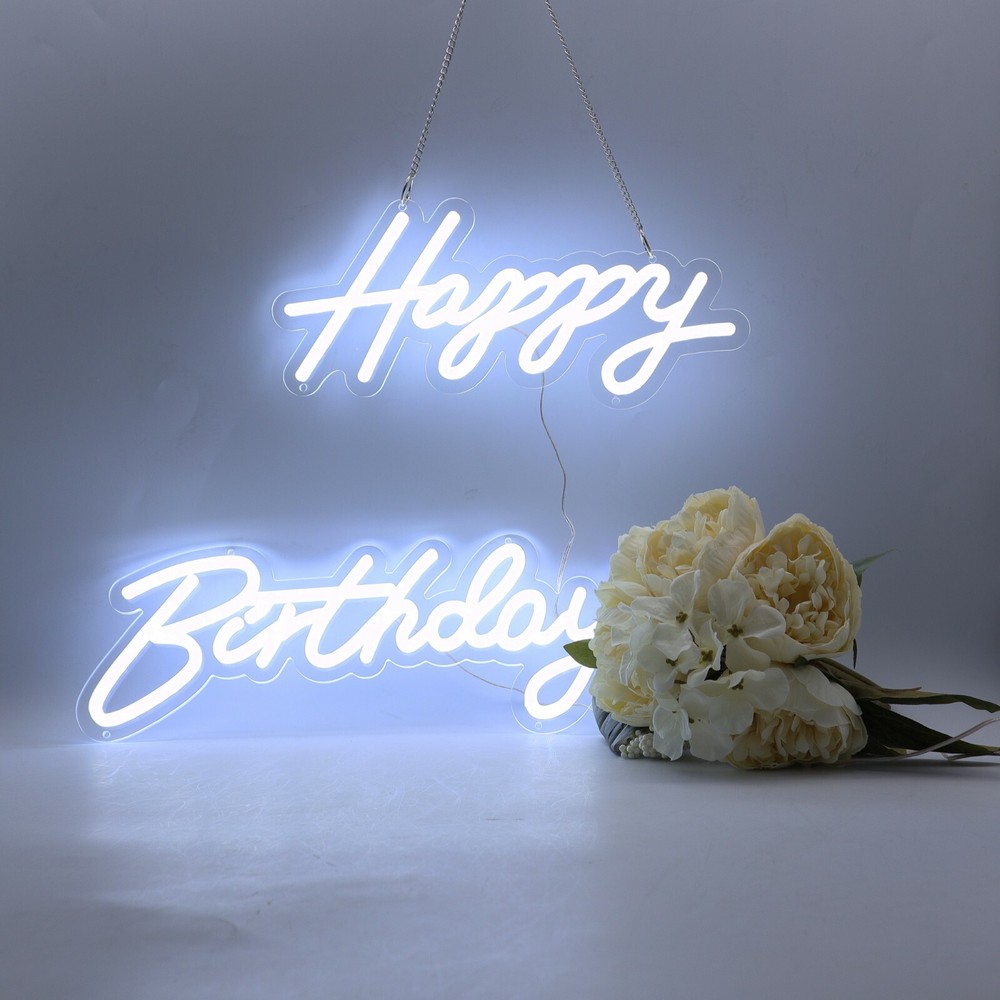 Happy Birthday Cold White Integrative Neon Sign 18X7.05 inches+13.3X6.2 inches