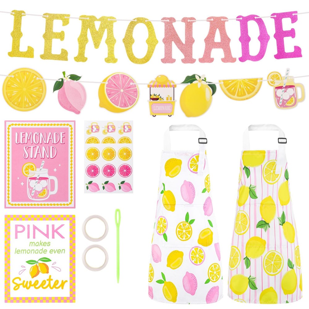 Lemonade Stand Supplies, 2 Pack Lemon Aprons with Pockets, 2 Lemonade Banners…
