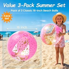 POPLAY 16 Inch Inflatable Beach Balls – 3 Pack Gold Glitter Pool Toys Summer Fun