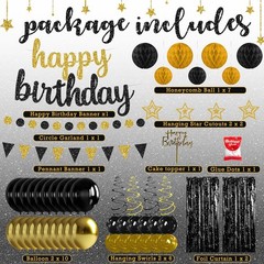 Black and Gold Birthday Party Decorations Set – Happy Birthday Banner Balloon…
