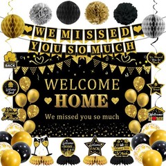 34PCS Black Gold Welcome Home Party Decor Set – Banner, Swirls, Pompoms & More!