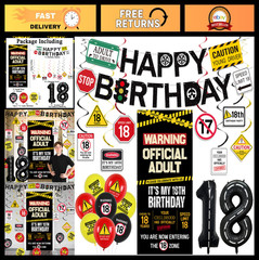 18th Birthday Party Decorations Kit, Caution Banner, Balloons & Swirls for Boys/