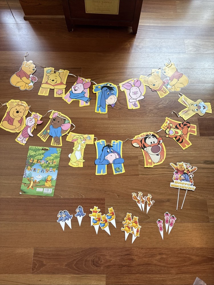 Winnie The Pooh Jointed 5 Ft Happy Birthday Banner + 18 Picks + Cake Topper