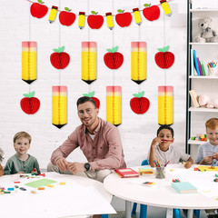 13Pcs Back to School Hanging Decorations Pencil Apple Hanging Honeycombs Classro