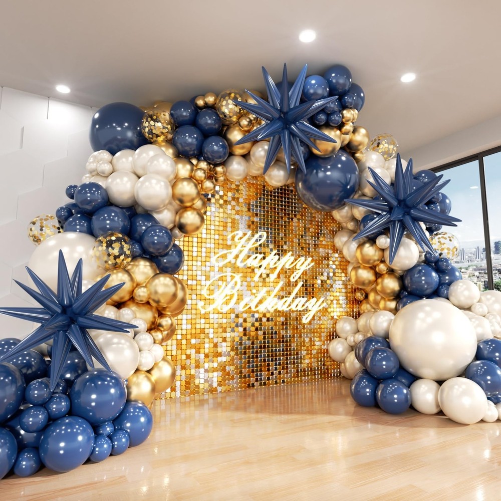 Navy Blue Gold White Balloon Arch Kit, Double Pearl Sand White Royal Dark Blu…