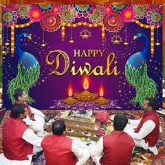 Extra Large Happy Diwali Banner 72″ x 48″ India Festival of Lights Peacock