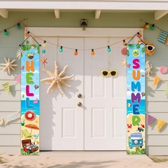 Hello Summer Porch Sign Decorations Banner Tropical Beach Hawaiian Summer Doo…