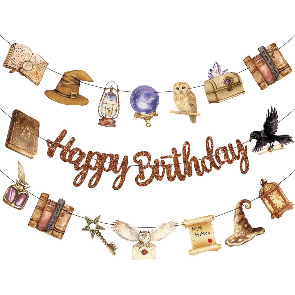 3Pcs Wizard Happy Birthday Banner Set – Brown Glitter Happy Birthday and Wate…