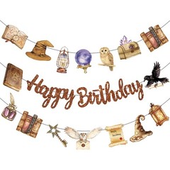 3Pcs Wizard Happy Birthday Banner Set – Brown Glitter Happy Birthday and Wate…