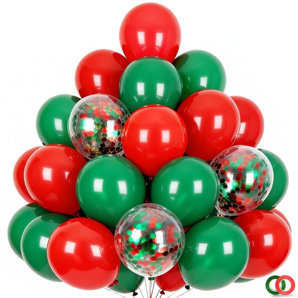 Red and Dark Green Balloons – 50pcs 12inch Christmas Balloons with Ribbons fo…