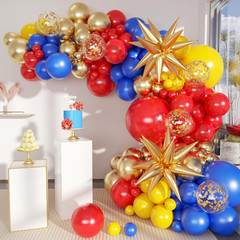 Blue Yellow Red and Gold Balloon Arch Kit, 156Pcs Latex Baloons Garland with 4D