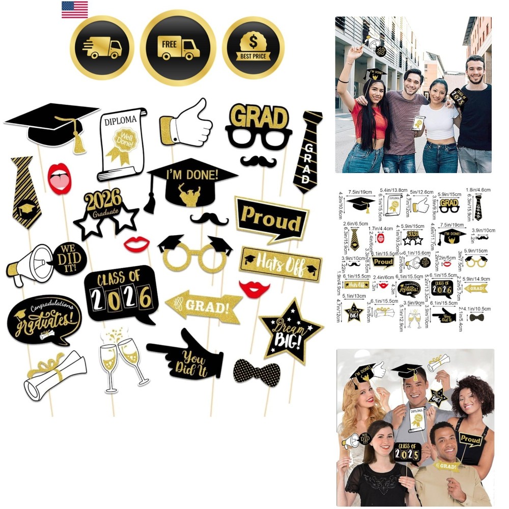 25Pcs Graduation Photo Booth Props – Black & Gold Class of 2026 Celebrations