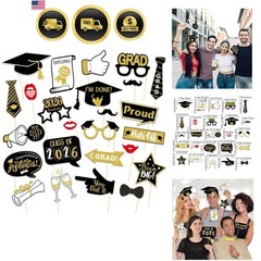 25Pcs Graduation Photo Booth Props – Black & Gold Class of 2026 Celebrations