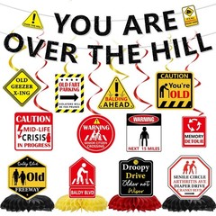Over The Hill Birthday Decorations Set – 14 Pcs Banners & Swirls for 50th Party