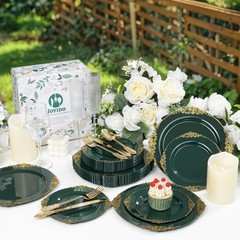 125PCS Green and Gold Plastic Plates – Fancy Green Disposable Plates – Vintag…