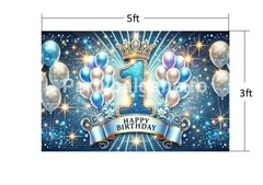 Blue 1st Birthday Backdrop Prince King Crown Balloons Photo Background Decor 5×3