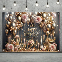 Luxury Happy Birthday Backdrop Black Gold Party Decoration Elegant Balloon Champ