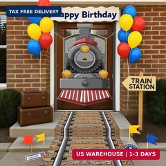 Train Party Decorations Backdrop Set with Track Runner, Retro Locomotive Door Ba