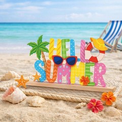 Hello Summer Metal Sign Rustic Table Top Decor Tiered Tray Wood Base Center